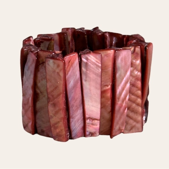 Vintage Abalone Mother Of Pearl Rose Pink Stretchy Shell Cuff Bracelet - Picture 1 of 4